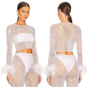 SANTA BRANDS Rhinestone Crystal Embellishment Feathers Sheer White Top Size M/L